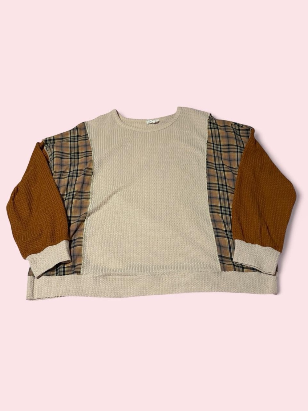 ANDREE BY UNIT Cream Knit & Brown Plaid Sleeve Sweatshirt
